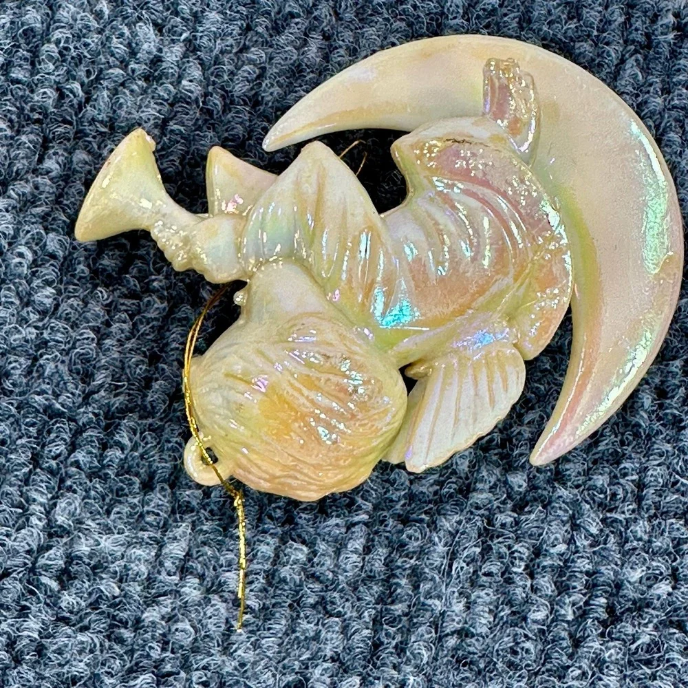 Cherub Angel Ornament Blowing Trumpet Sitting on Crescent Moon Iridescent‎